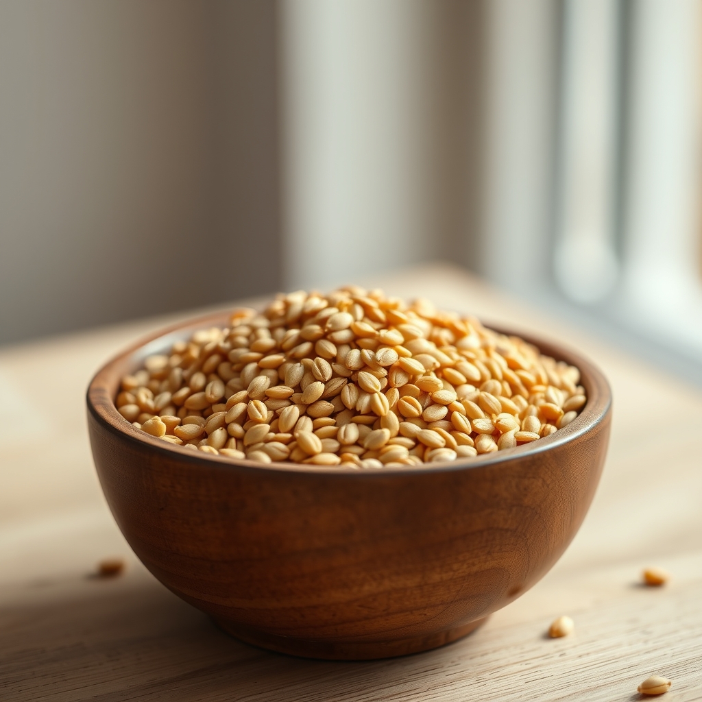 Golden flaxseeds in a wooden bowl in warm natural light