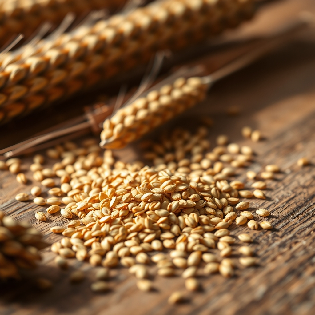 Golden flaxseeds scattered on a wooden surface with warm natural lighting