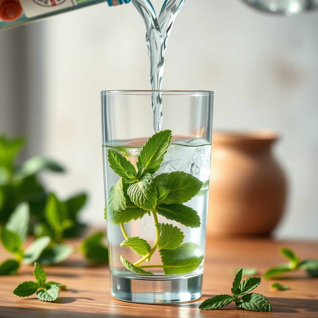 Clear water being poured into a glass with fresh mint leaves, natural daylight setting